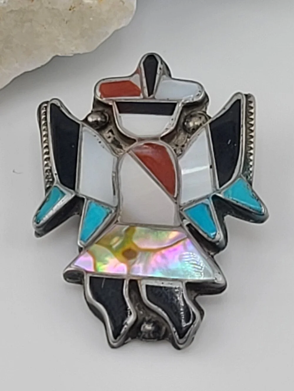 1940s Zuni Knifewing Pin of Turquoise, Jet, MOP, & Spiney Oyster On Sterling